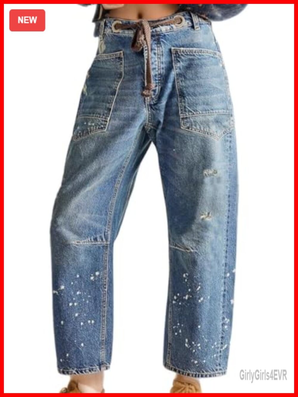 Barrel Jeans Pull-On Drawstring Waist Baggy Boyfriend Ankle Denim Pants